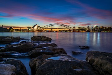 Landscape of the Sydney Skyline during the sunset in the evening in Australia