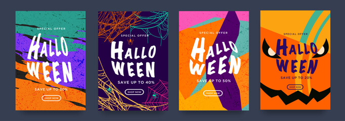 Happy Halloween for Party, Festival, Email, Social Media. Set Abstract Art Design Optical Stripes for Advertising, Web, Poster, Banner, Cover. Discount Offer 20%-50%. Vector illustration. 