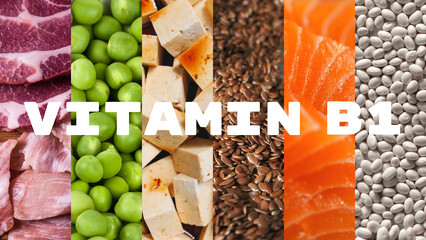 White inscription "VITAMIN B1" (thiamine) on a background of photos of most common food where you can find it