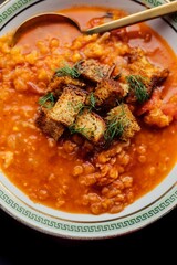 red lentil and tomato soup with croutons