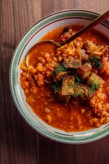 red lentil and tomato soup with croutons