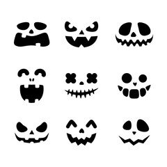 Set of Halloween pumpkins carved faces. Black silhouettes. Vector illustration isolated on white background