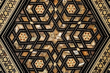 Vibrant graphic pattern displayed on a black background, featuring intricate geometric designs - obrazy, fototapety, plakaty