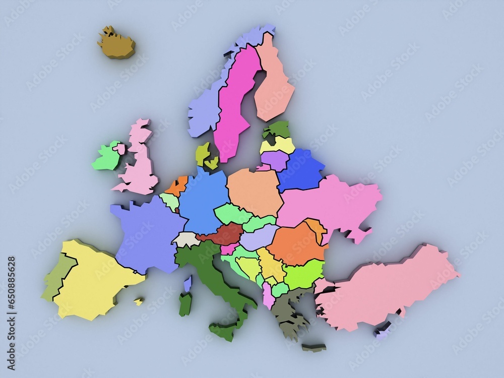 Poster 3d render of a textured colorful block europe map on a gray background