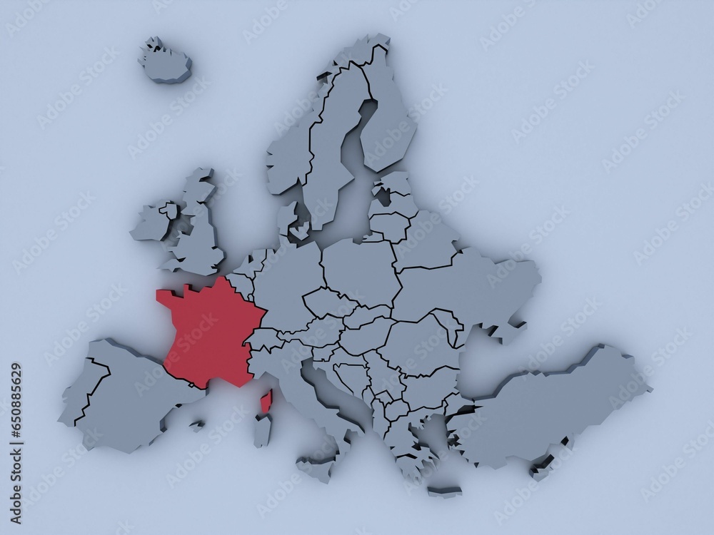 Aufkleber 3d render of a textured gray block europe map with france in red