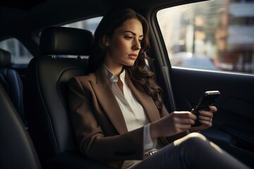 serious businesswoman using her mobile phone in her car - obrazy, fototapety, plakaty