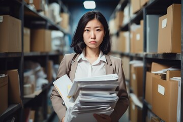 sad and frustrated asian office worker carrying her belongings