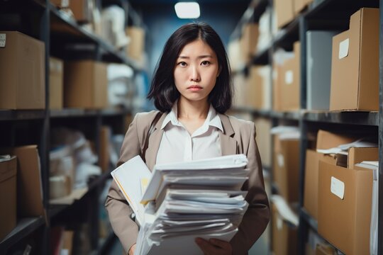 sad and frustrated asian office worker carrying her belongings
