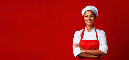 smiling indian female chef isolated on solid red background