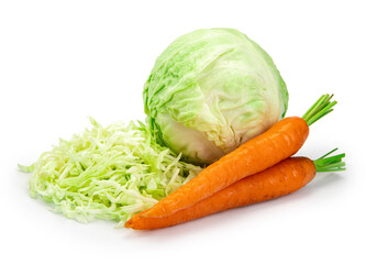 cabbage and carrots isolated on white background