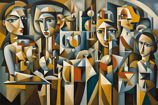 cubist style abstract painting of a group of women workers in geometric shapes