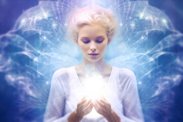 Meditating Woman Surrounded by Magic Lights Abstract Positive Energy Background