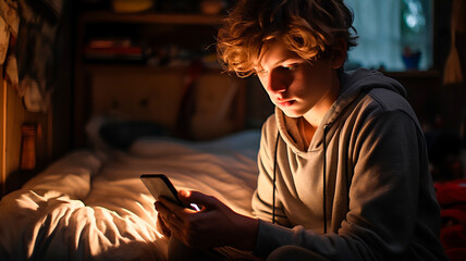 Young student worried in his room looking at the smartphone.