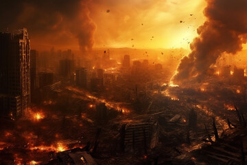 illustration of Destruction of city with fires, explosions and collapsing structures. Concept of war and disaster