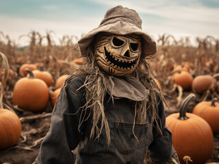 Harvest season's Halloween scarecrow. AI Generation.