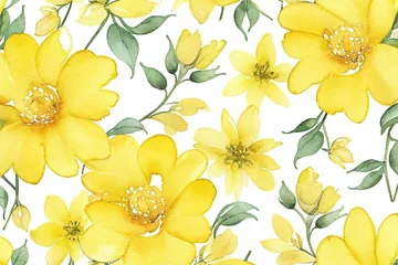 Keuken spatwand met foto a floral pattern in yellows and green on a white background © Saltacekias/Wirestock Creators