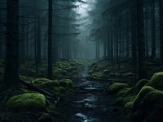 An artful representation of the spooky forest. AI Generation. - obrazy, fototapety, plakaty