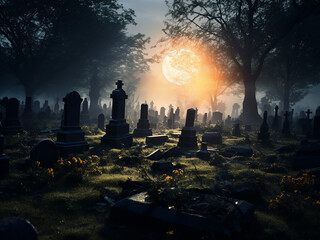 Haunting shadows in the spooky graveyard. AI Generation.