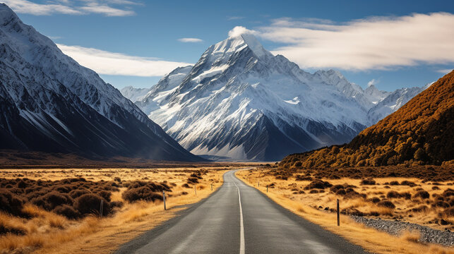 Remarkable scenic view of snow mountain, clear blue sky and asphalt road