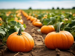 Pumpkin field's eerie beauty. AI Generation.