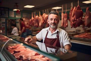 Man standing in front of shelves with raw meat. Male butcher or shopkeeper working in modern meathsop.