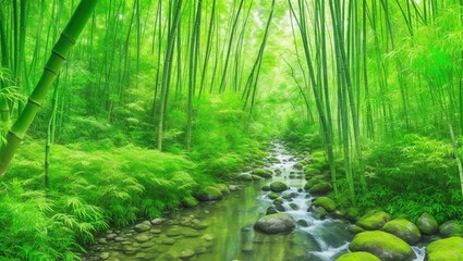 Fototapeta premium A tranquil stream winding through a lush bamboo tree