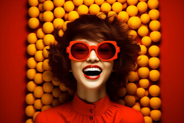 A stylish lady with vibrant multitude of orange color fashion accessories, takes center stage in a...