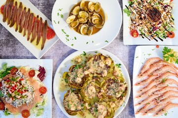 Organized arrangement of assorted dishes on a flat surface