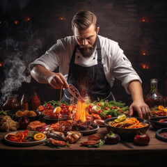 chef with a beard and apron cooking on a wooden table with a black background in high resolution and sharpness HD