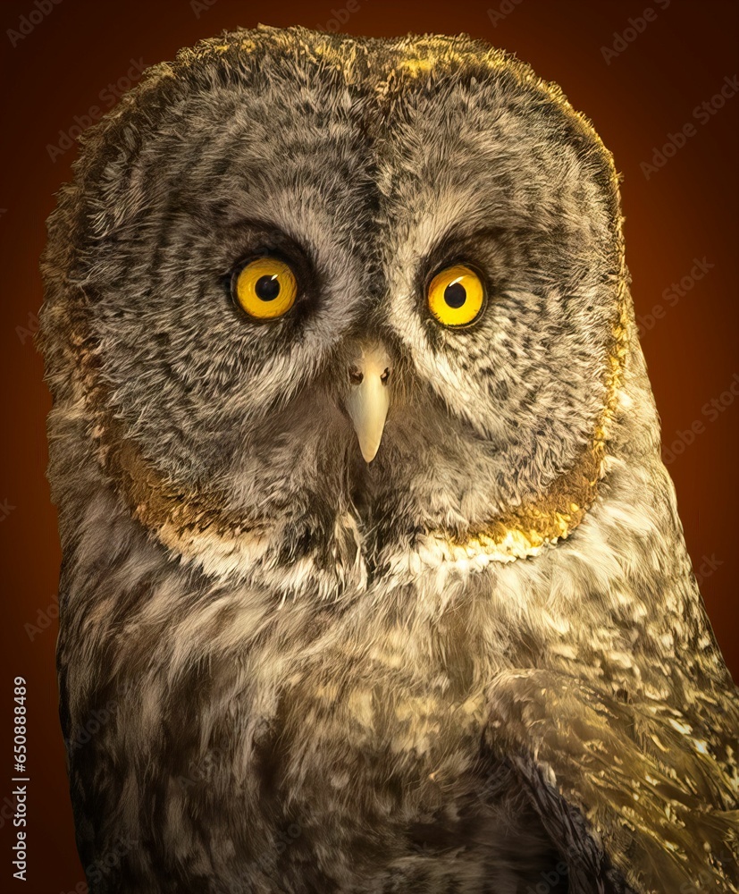 Wall mural Closeup shot of an owl face stands against an orange background