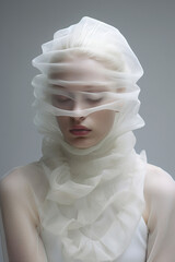 Closeup portrait of woman wearing white fabric veil in minimalist style. Woman with ethereal appearance and sophisticated natural beauty. Surreal feminine appearance.