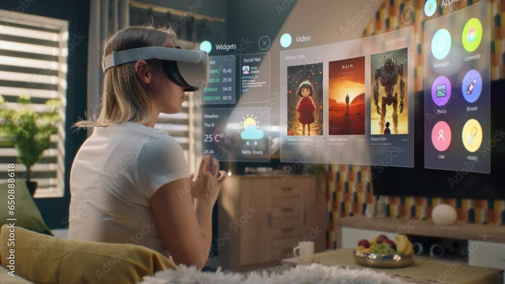 Wall mural woman in augmented reality headset chooses movie or tv show to watch at home. 3d graphics shows inte