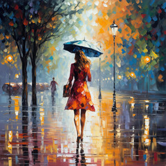 Elegant woman alone walking in the rain with a colorful umbrella - Oil Painting - Rainy Day - obrazy, fototapety, plakaty