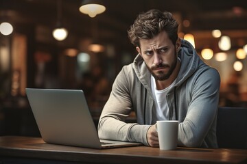 stressed coffee shop owner looking at laptop screen