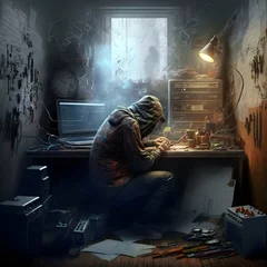 Foto op Canvas depressed man writing love songs in a note pad smoking a joint in a warm music studio with synths and analog music gear on racks guitars and sound proofing on the walls highly detailed  © Jessica