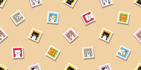cat seamless pattern kitten stamp post mail neko vector cartoon character pet gift wrapping paper tile background repeat wallpaper