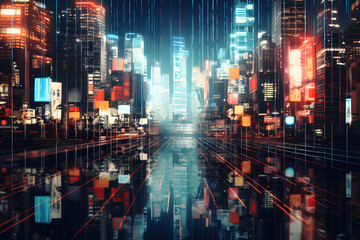Intelligente Stadt und abstrakte verbundene Punkte und Linien und ästhetische Wave Line Design, große Datenverbindung Technologie-Konzept, Rot Blau