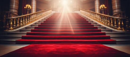 Celebrities walk on a red carpet on stairs for ceremonial events