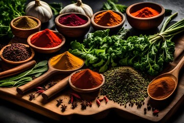 herbs and spices in pots, A variety of spices are on a cutting board with a green vegetable in the background. 