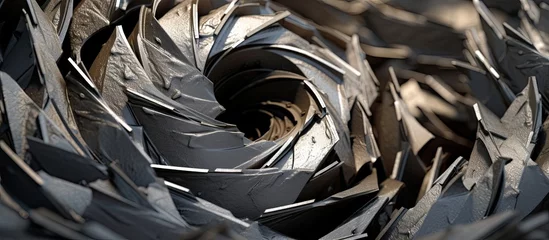 Poster Recycling steel scraps and aluminum chips from machining metal parts including twisted spiral steel shavings with sharp roughness © AkuAku