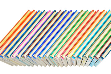 Top view of books for children on a white background.