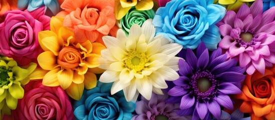 Colorful flower arrangement against bright backdrop