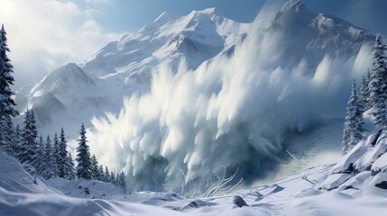 snow avalanche in the mountains, representing the risks of winter weather in high-altitude - obrazy, fototapety, plakaty