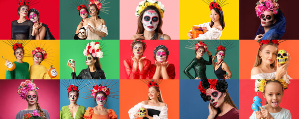 Collage of people with painted skulls on faces. Celebration of Mexico's Day of the Dead (El Dia de...