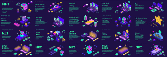 Different isometric scene. Digital 3d device. Nft, credit report, cloud technology, online banking, mobile data, online review, ui ux dedign, we are hiring. Vector illustration concept