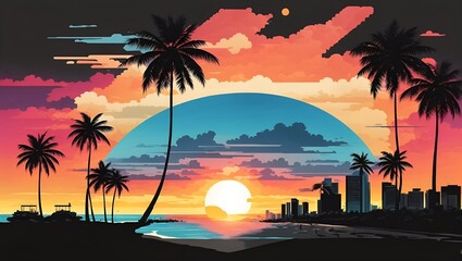 Miami Beach Colorful Background Illustration 2D Art Sunset Website Design - ai generated