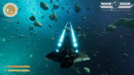 Spaceship science fiction singleplayer game with overlay HUD showing health, fuel, ammo bars and minimap. Spacecraft in galaxy shooting laser beams at asteroids, high quality ray tracing graphics © DC Studio