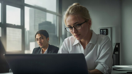 young woman in office, another employee is paying attention to her