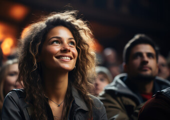 Obraz premium A diverse audience sits in an amphitheater and applauds during a panel discussion. Generative AI.