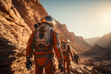 Astronauts in futuristic spacesuits exploring the surface of Mars. Generative Ai.